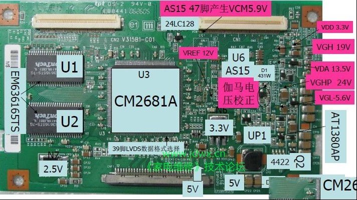 奇美V315B1-L01逻辑板元件识别与故障检修