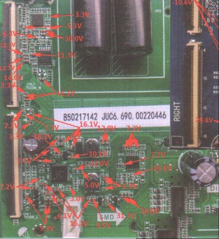 长虹JUC6.690.00220446主板（XB6A-DT-11机芯）逻辑电路关键点电压