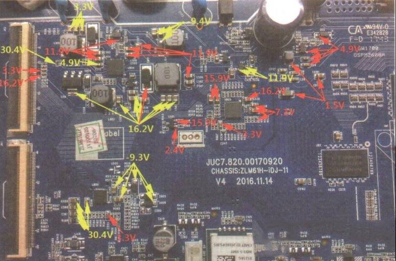 长虹JUC7.820.00170920主板逻辑电路关键点实测电压