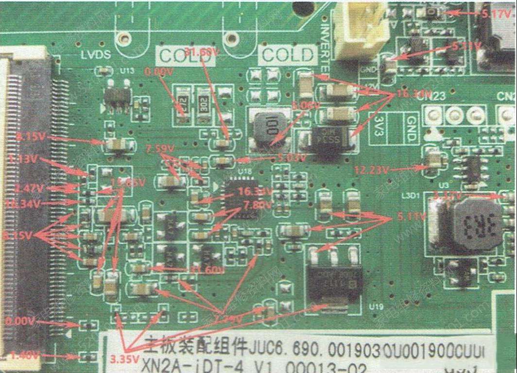 长虹JUC6.690.00190313主板逻辑板电路部分实测电压值
