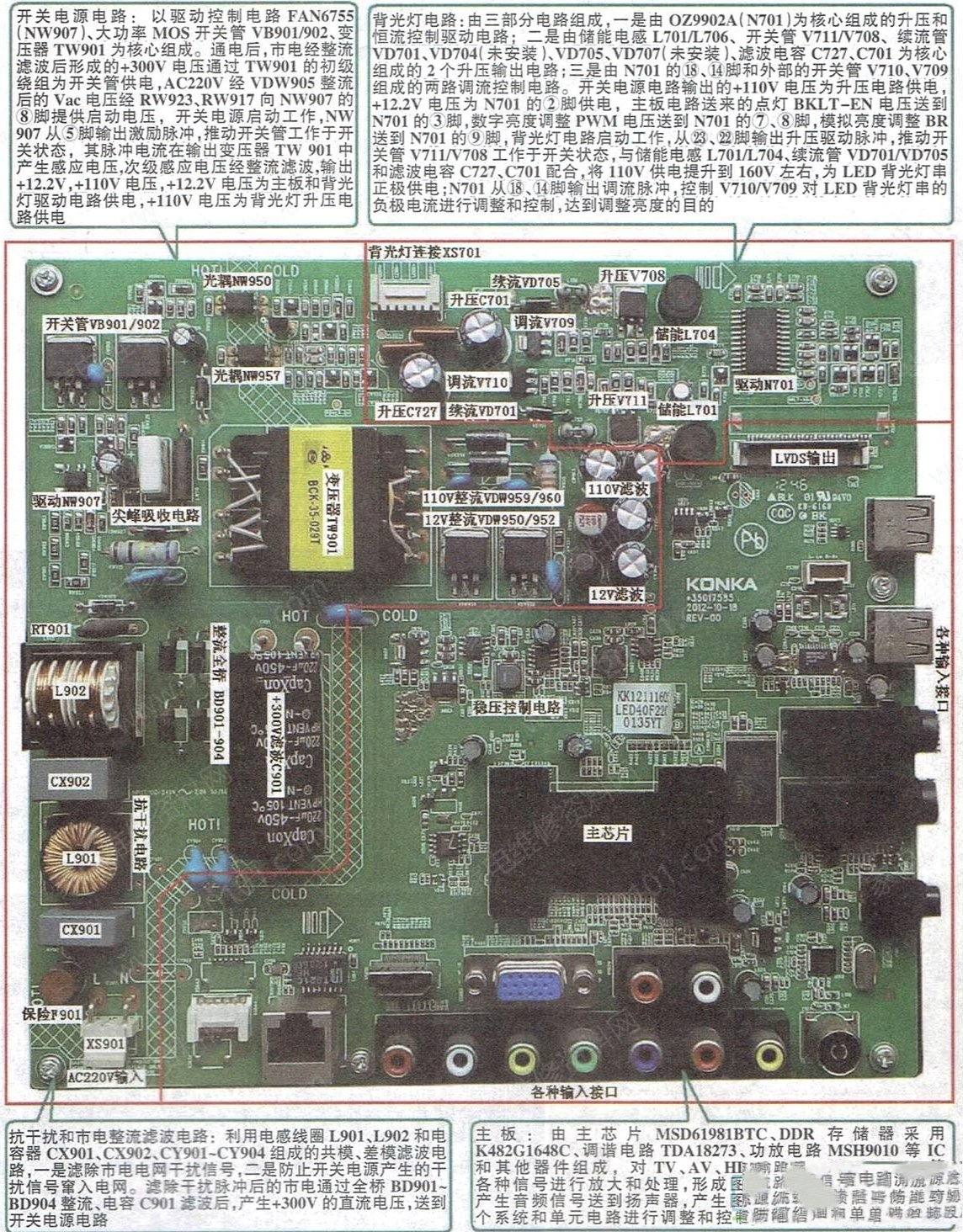 康佳LED40F2200液晶电视二合一板电路原理图与检修思路