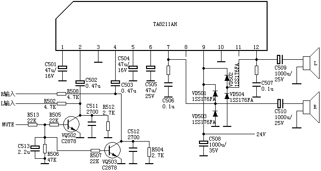 TA8211AH伴音功放电路典型应用电路图