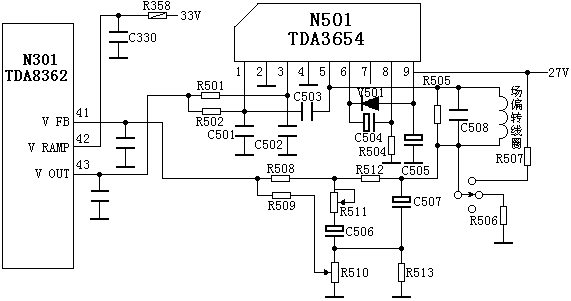 TDA3654场扫描功放典型应用电路图