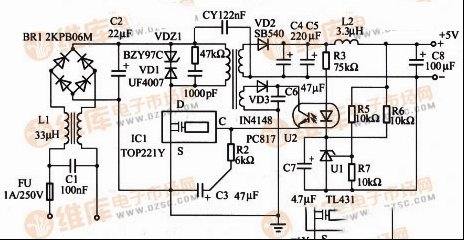 隔离式5V／0.8A输出精密开关电源电路原理图
