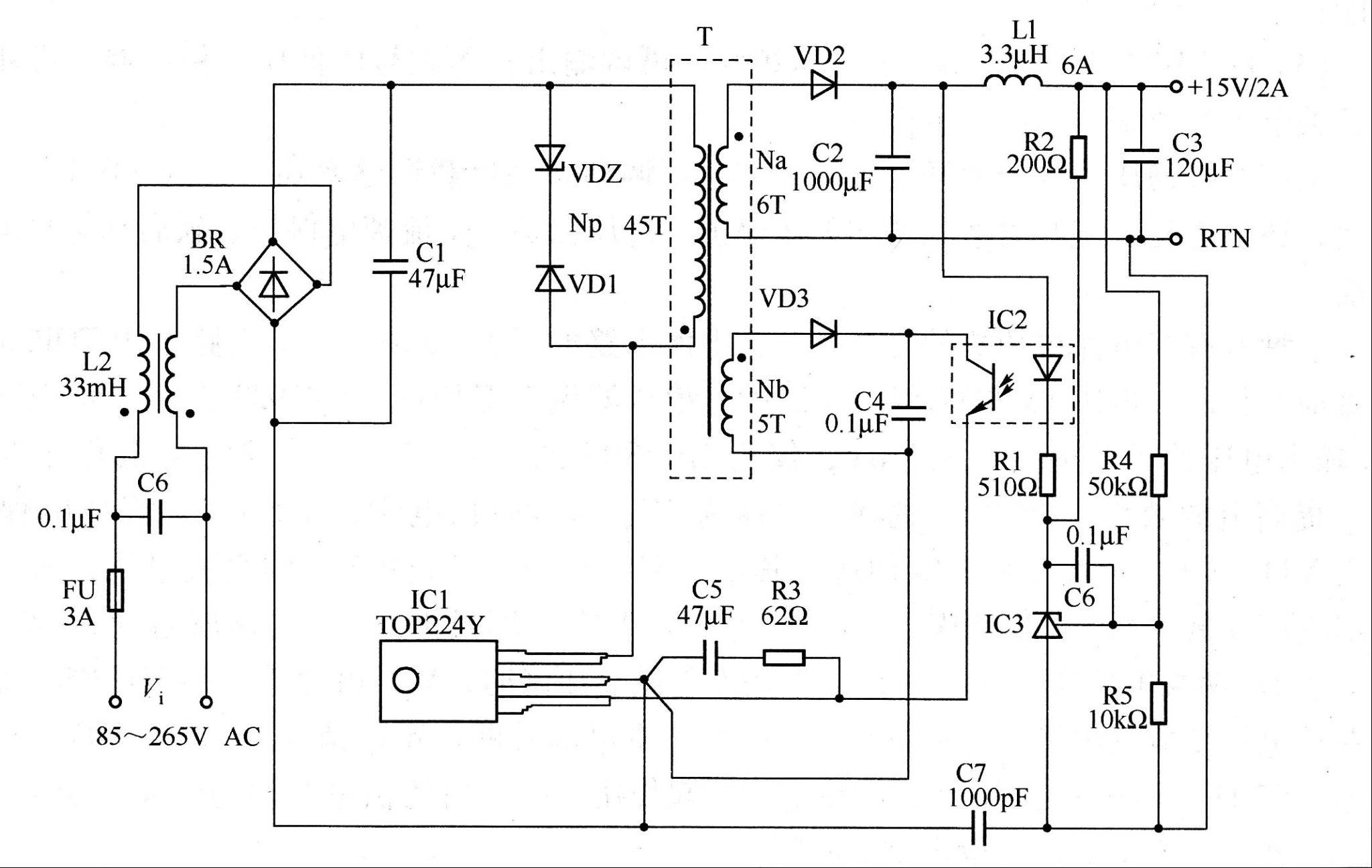 30W／15V 精密输出开关电源电路图