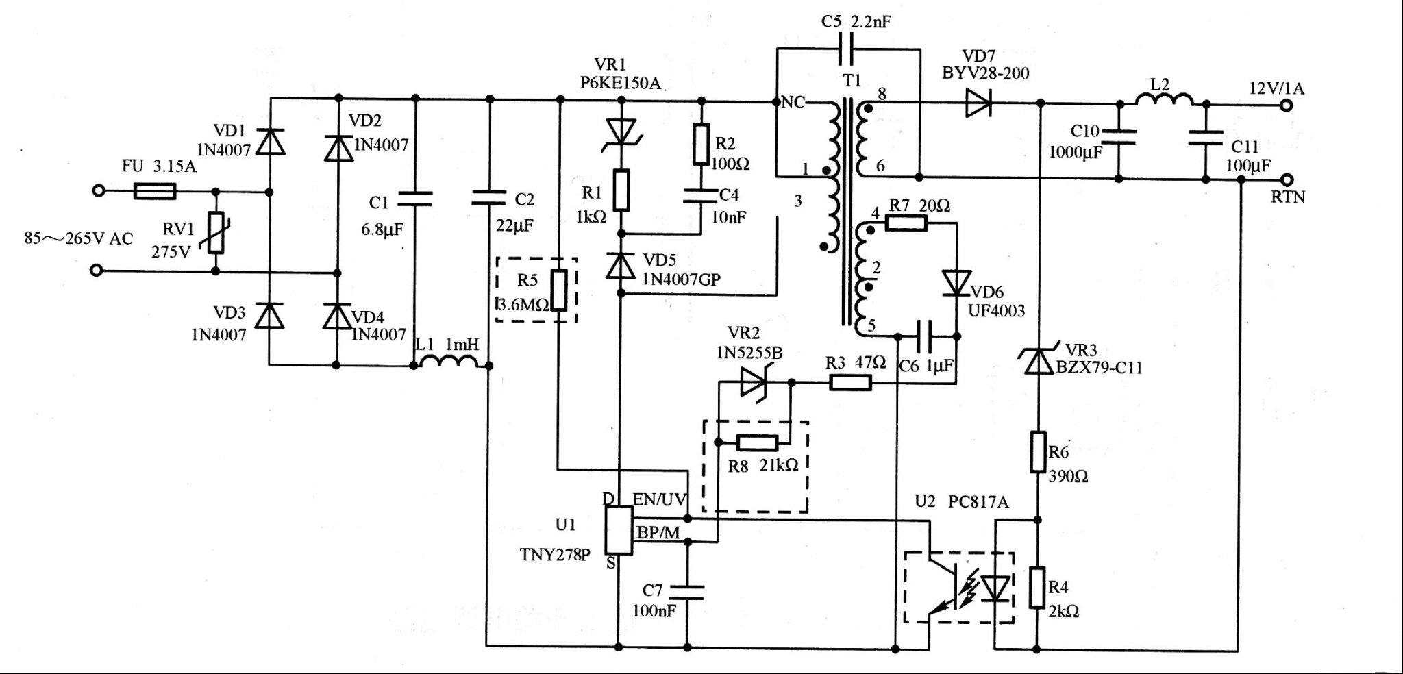 12V／1A输出开关电源电路