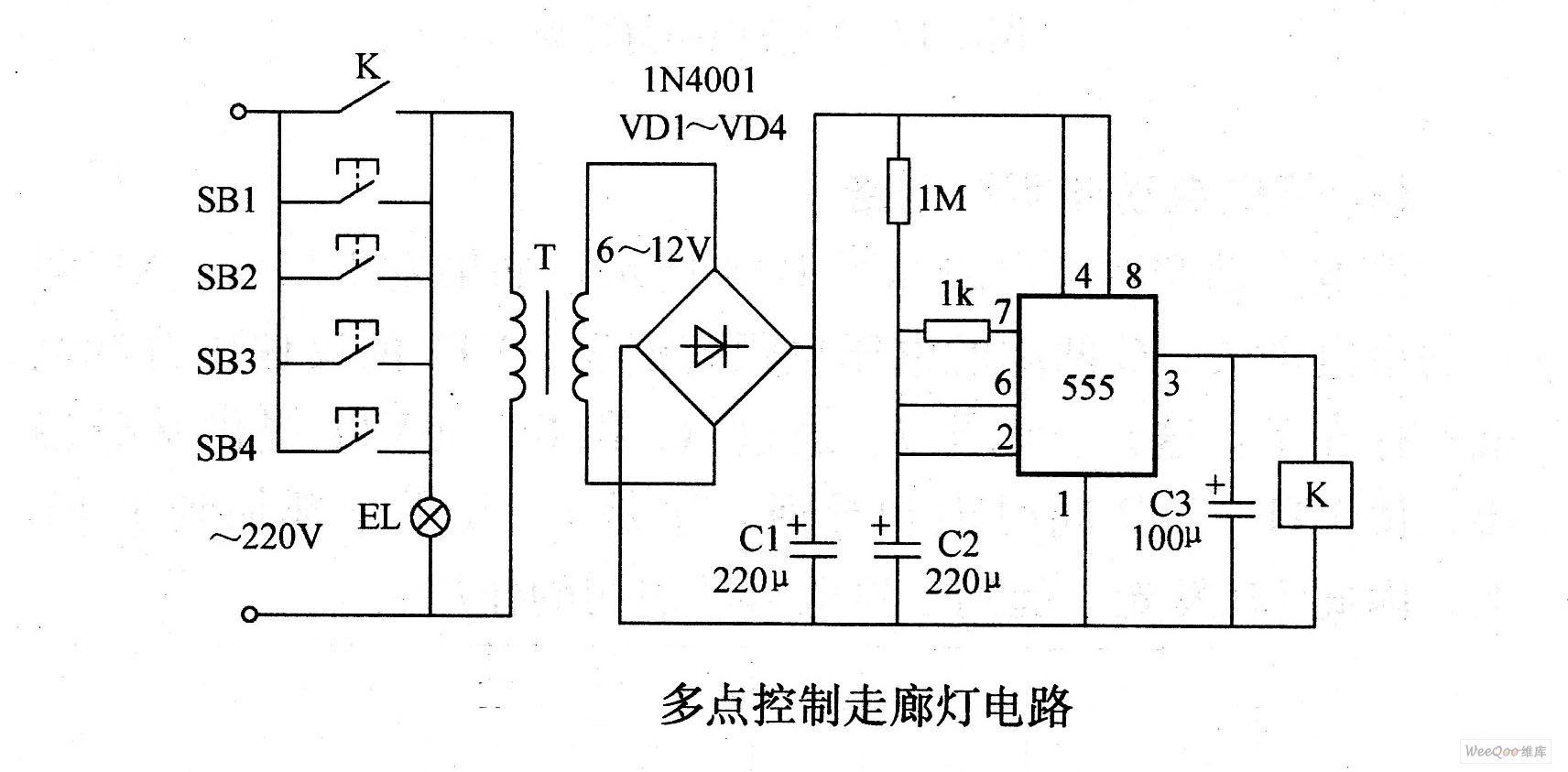 多控点走廊灯电路图