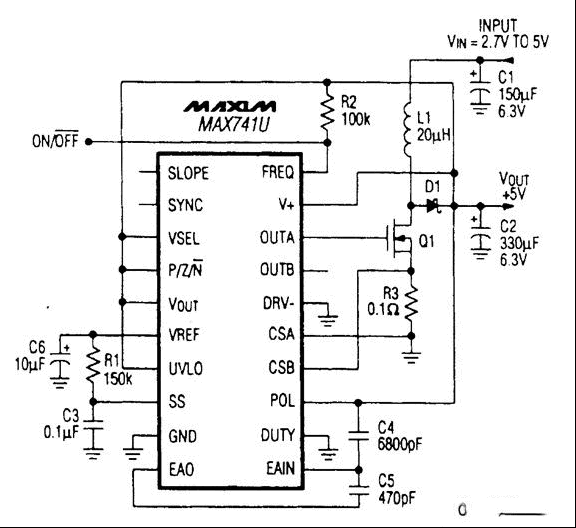 输入为+3~+5V 1A时电压为5V电源电路