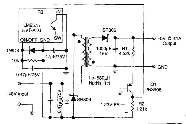 从-48V到+5V 1A的电信转换器