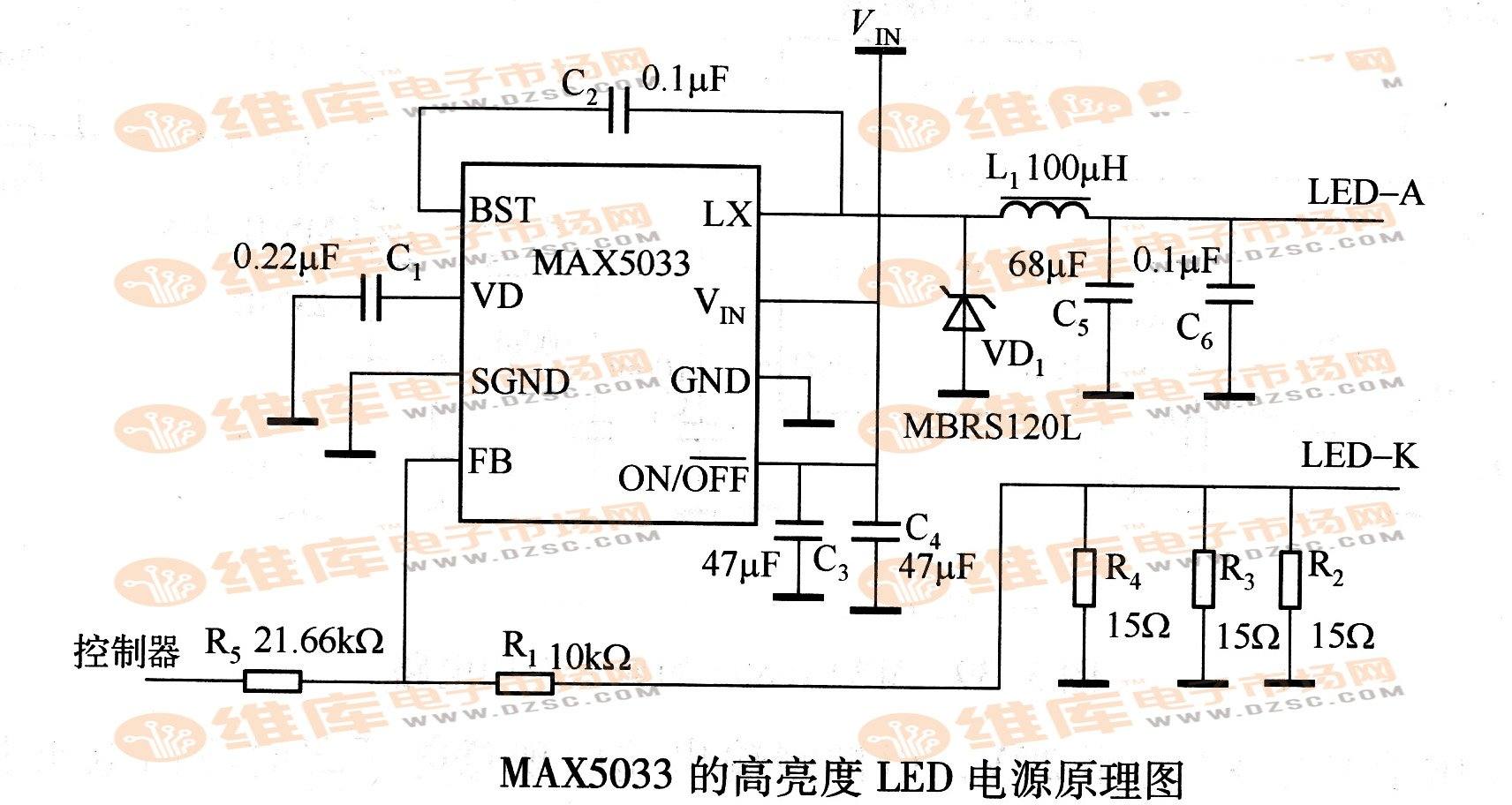MAX5033的高亮度LED电源原理图