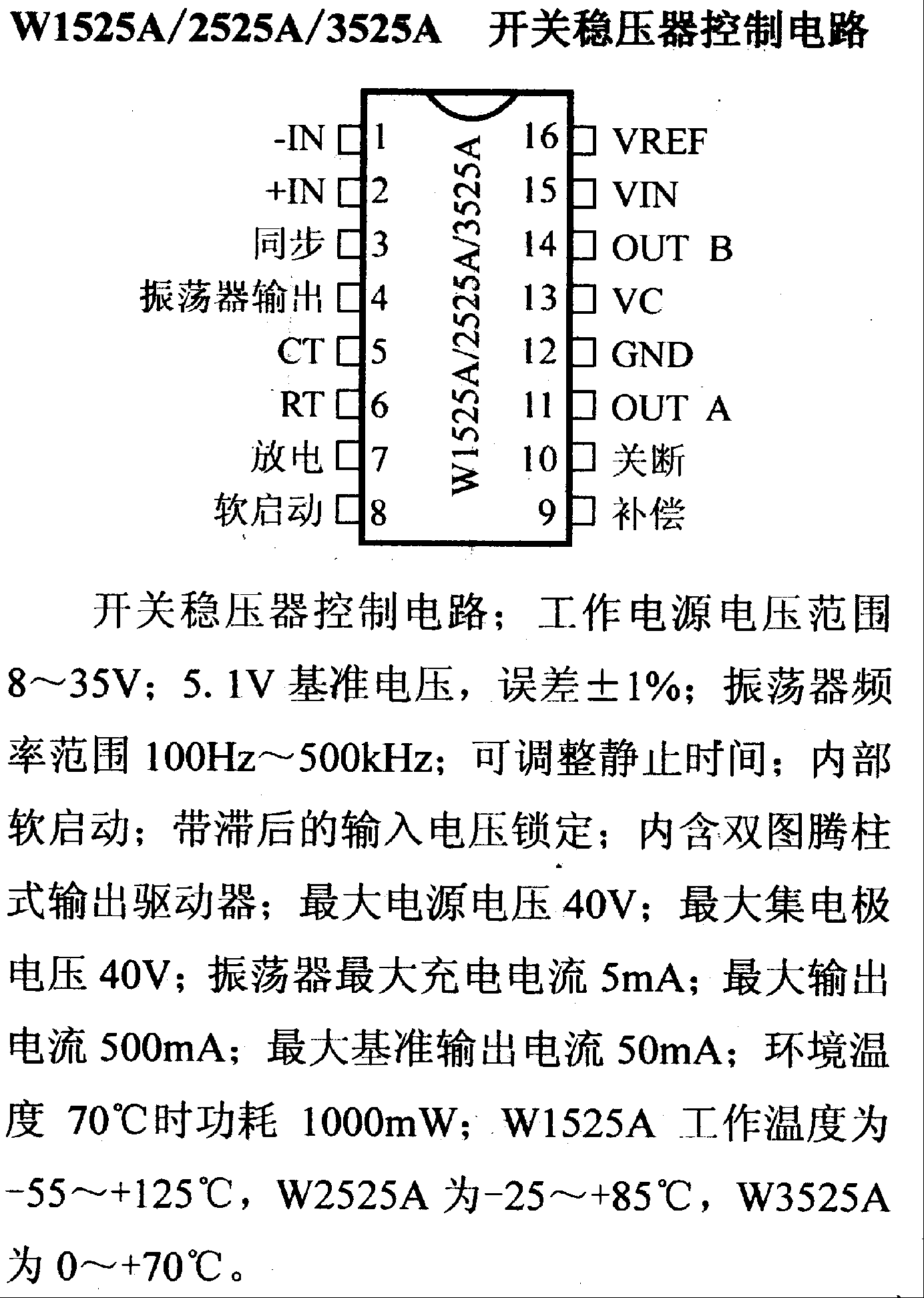 调压器.DC-DC电路和电源监视器引脚及主要特性 W1525A等 控制电路系列