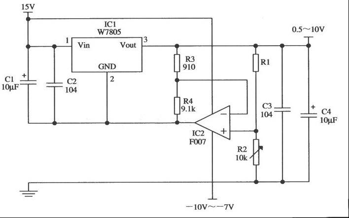 由W7805够车工内的输出电压0.5～10V连续可调的应用电路