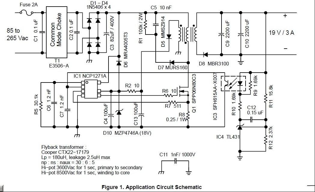 NCP1271设计19V输入AC-DC适配器电路图