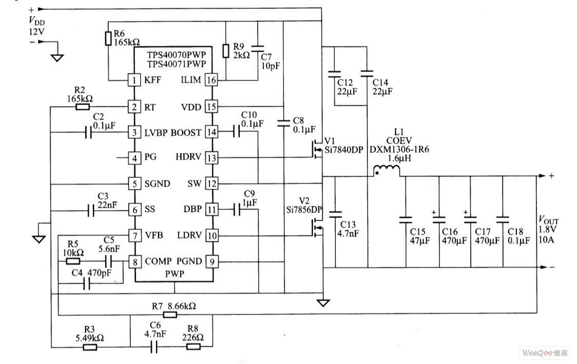 采用TPS40071的f＝300kHz、12V输入、1.8V输出的应用电路
