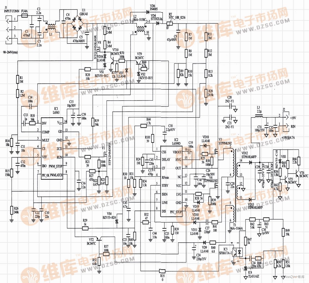 L6563和L6599组成的90W AC/DC适配器的完整电路