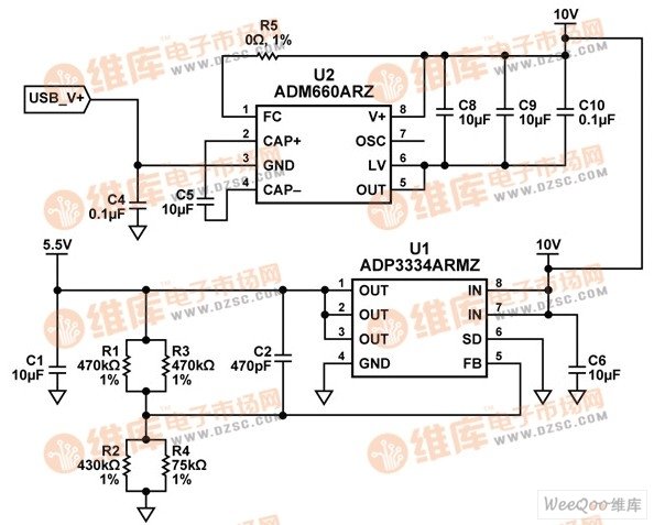 5 V USB电源电压调节至5.5 V电路图