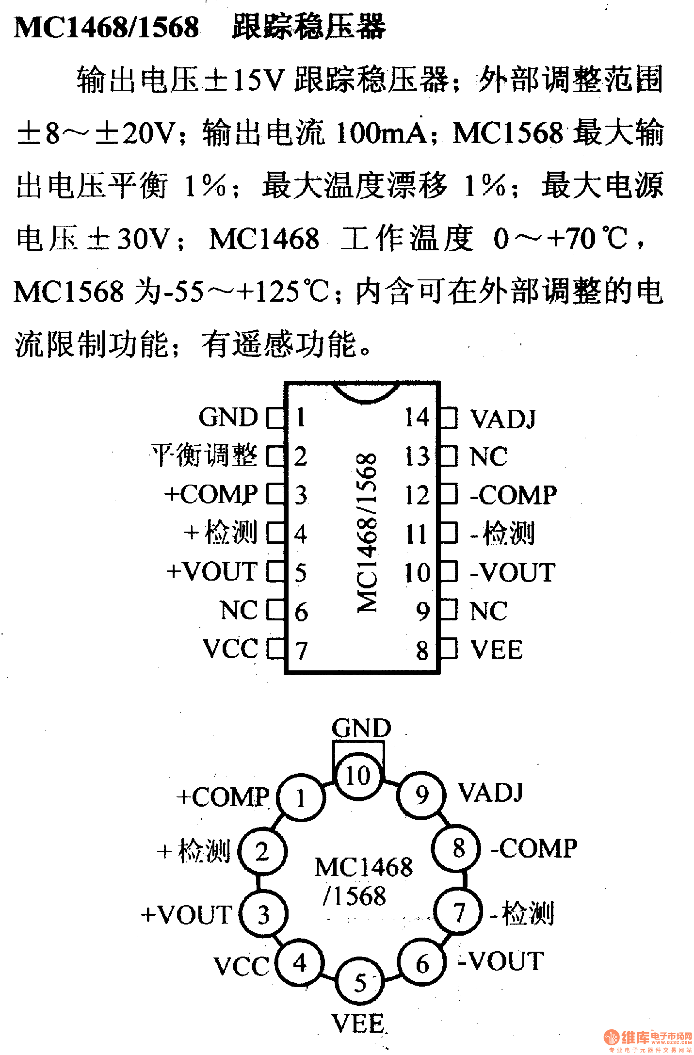 调压器.DC-DC电路和电源监视器引脚及主要特性 MC1468等稳压器