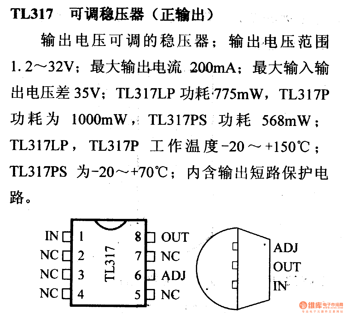 调压器.DC-DC电路和电源监视器引脚及主要特性 TL317 可调稳压器