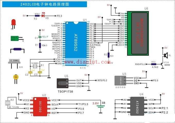 基于AT89S52微控制器设计2402LCD电子钟电路