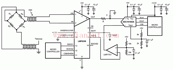用LMP8358设计的差分桥接传感器应用电路图