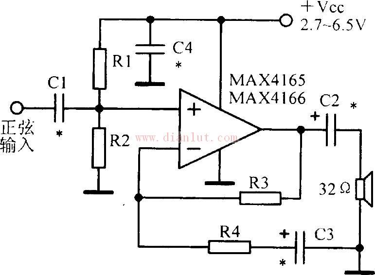 MAX4165/MAX4166设计的低功耗高输出驱动输入输出运算放大电路