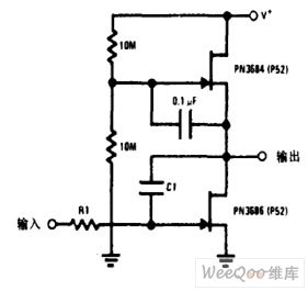 与结型场效应管交流耦合的积分器电路图