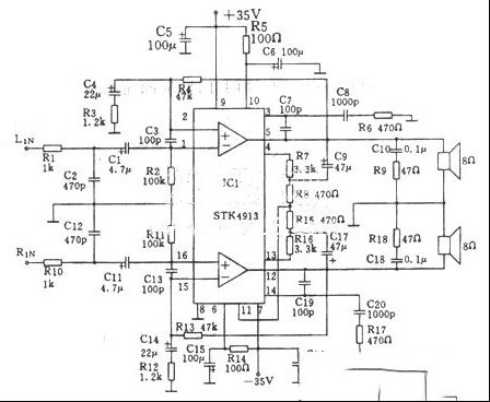 一款双70W功放电路图