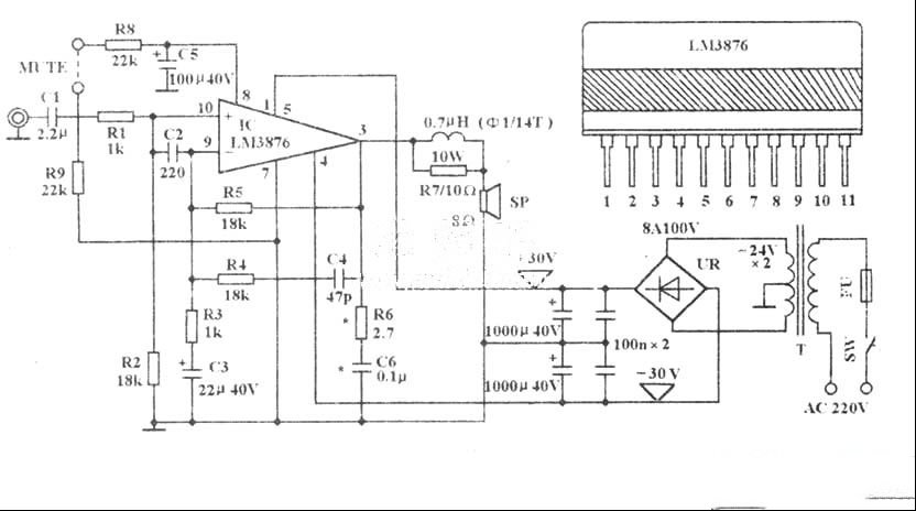 LM3876单片IC/50W优质功放