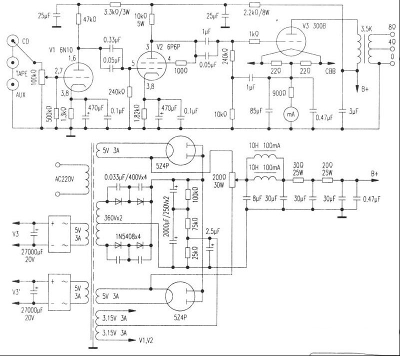 直热式300B电子管功率放大电路
