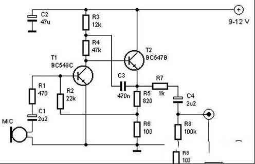 由两个晶体管构成的麦克风前置放大器