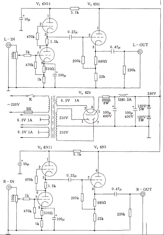双声道电子管前置放大电路