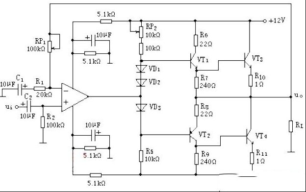 运放与晶体三极管组成的OCL功率放大器