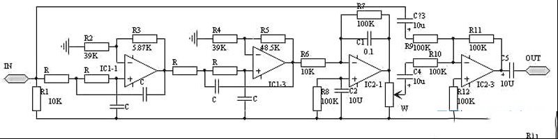 用TL084运放构成的重低音增强电路
