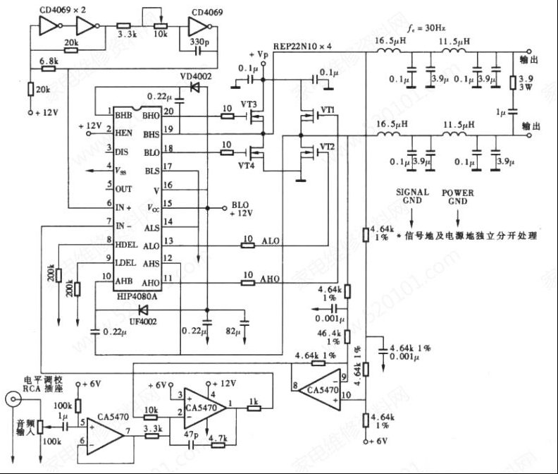 采用HIP4080A芯片的D类功放电路