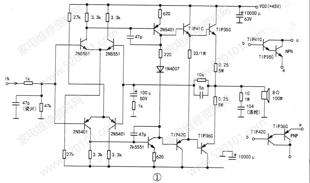 用TIP35C代换TIP36C修复功放电路