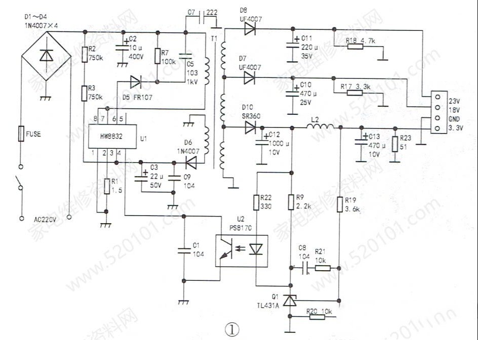 用VIPer22A代换HW8832修复双模机面板无显示的故障