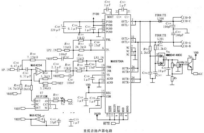 MAX4234和MAX9736A组成的重低音扬声器电路