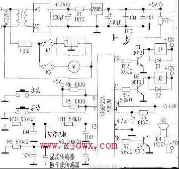 科顺牌JY800-D2型全自动电热豆浆机，开机按启动键后，蜂鸣器HD一直报警，不能正常使用
