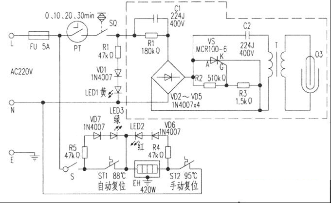 美的YRS5K/BX-20消毒、温/热饮水机电路原理与维修