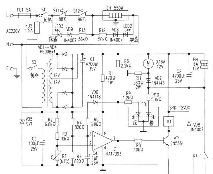 僮意YSX-B3冷/热两用型饮水机电路原理与维修