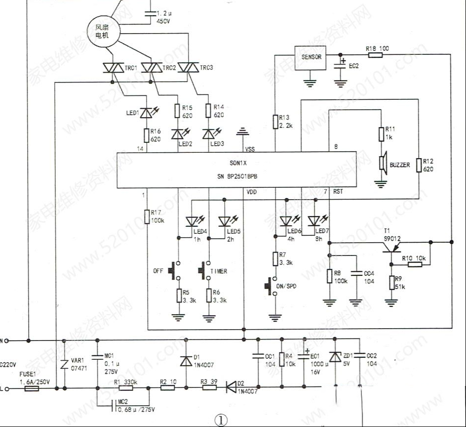 艾美特FB301R电风扇工作一段时间自动关机的维修