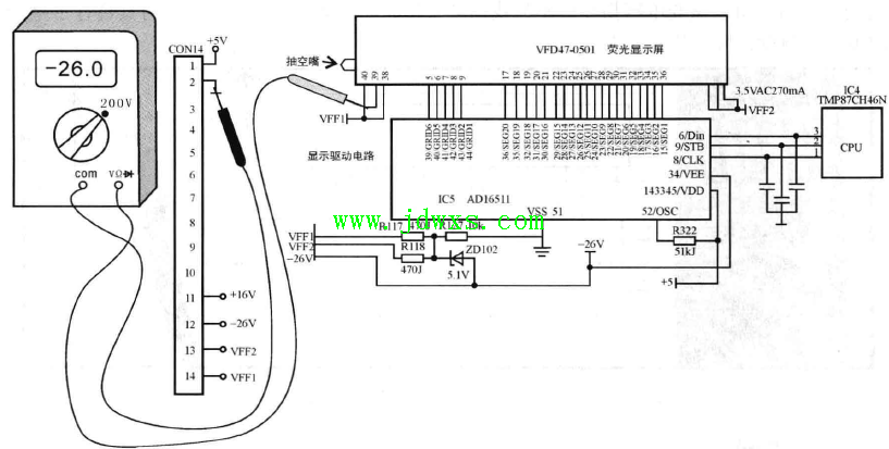 苏泊尔CS33V01型电磁炉能正常开机加热，但荧光屏不亮，无法显示电磁炉的工作状态