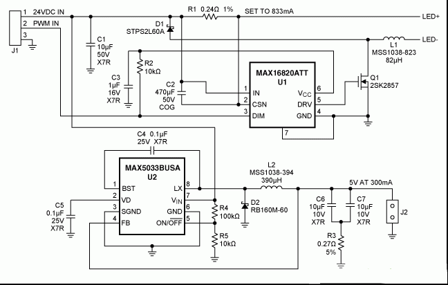 MR-16 LED驱动器和用于脉冲LED冷却器供电的5V辅助电源