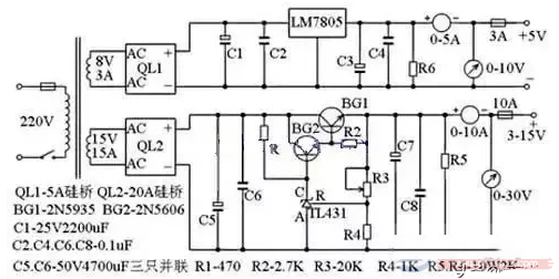 一例10A3～15V稳压可调电源的电路图
