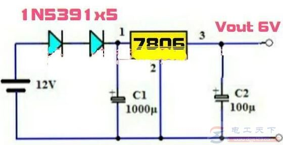 一例7806构成的12V转6V稳压电源电路图