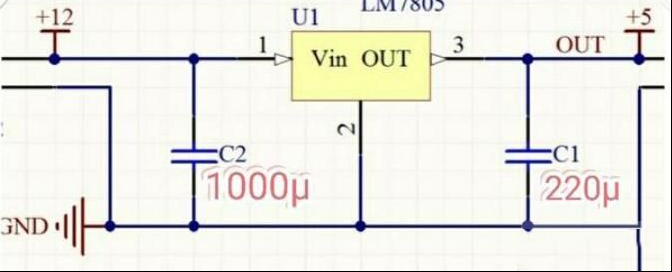 一例7805稳压电源将12V转5V的电路图