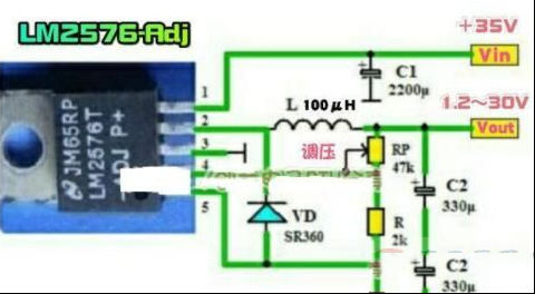 一例使用LM2576制作的1.2～30V可调稳压电源电路图