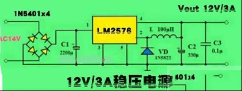 一例用LM2576制作的12V直流稳压电源电路图