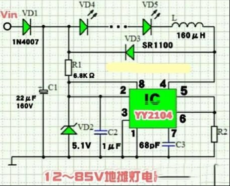 一例dc12～85v通用led地摊灯的电路原理图