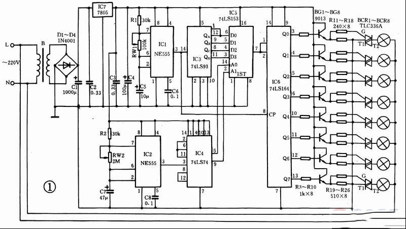 四花样彩灯控制器电路组成及工作原理详解